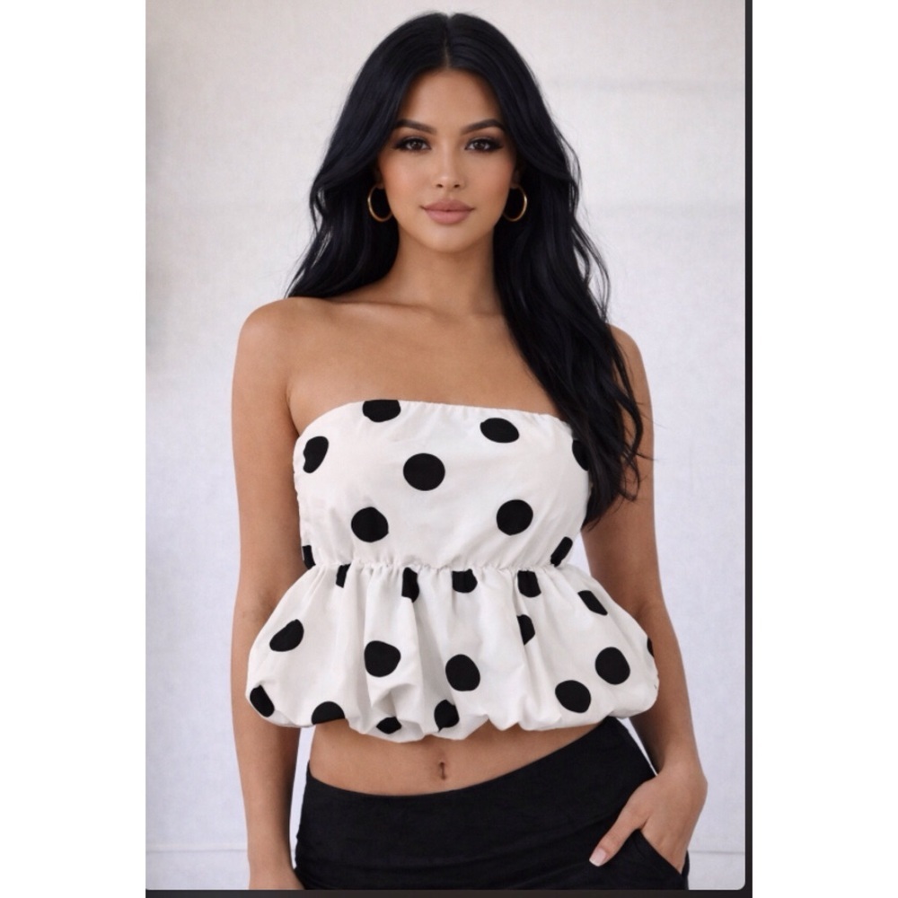 Blenca White Black Polka Dot Strapless Bubble Hem Crop Smock Back Coquette Top M